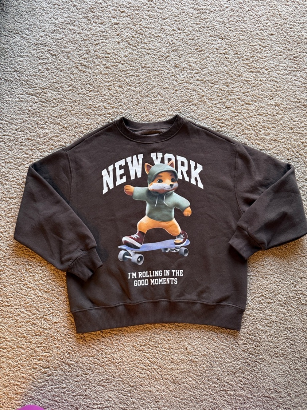 Zara Brown "New York" Fox Skateboard Sweatshirt - Casual Boy’s Sweater